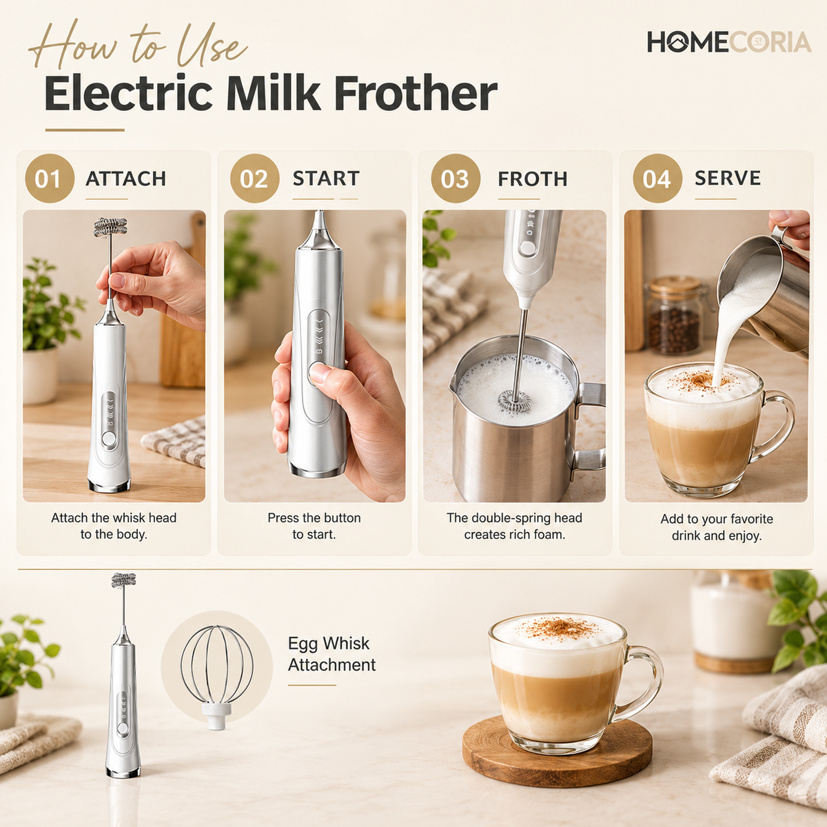 2-in-1 Rechargeable Electric Milk Frother & Egg Whisk – 3 Speed Handheld Mixer