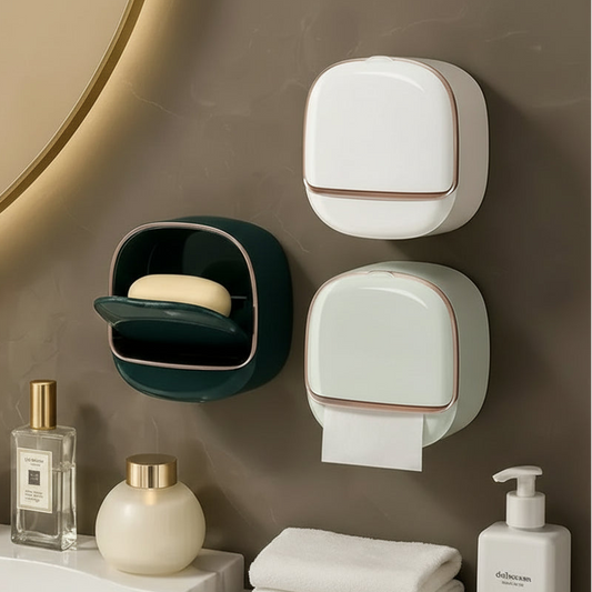 Wall-mounted soap dish and paper towel holder with decorative bottles on a bathroom shelf.