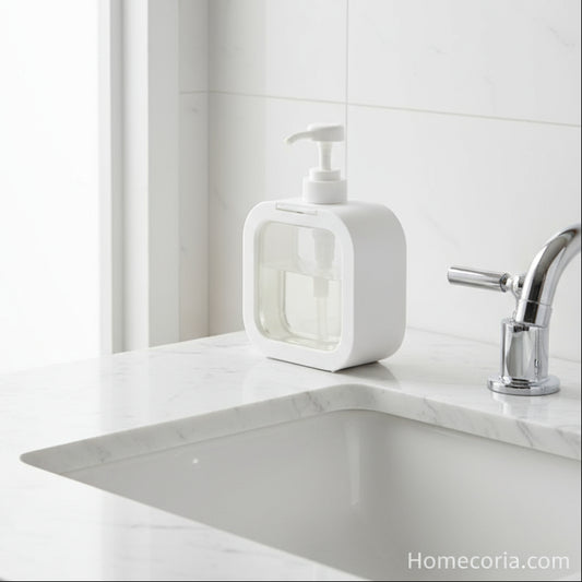 a white soap dispenser with pump, soap being poured, and a sponge.